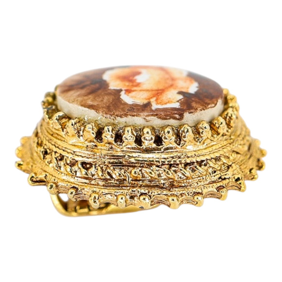 Vintage Florenza Hand-Painted Porcelain Cabs Clip On Earrings Ornate Gold Tone - Picture 5 of 14